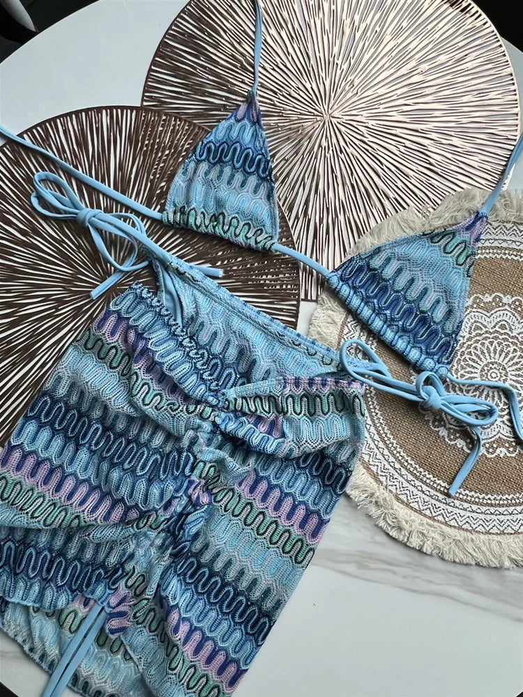 Women Swimsuit Colored Maple Leaves Knitted Bikini Skirt Three-Piece Set Split Swimsuit Bikini