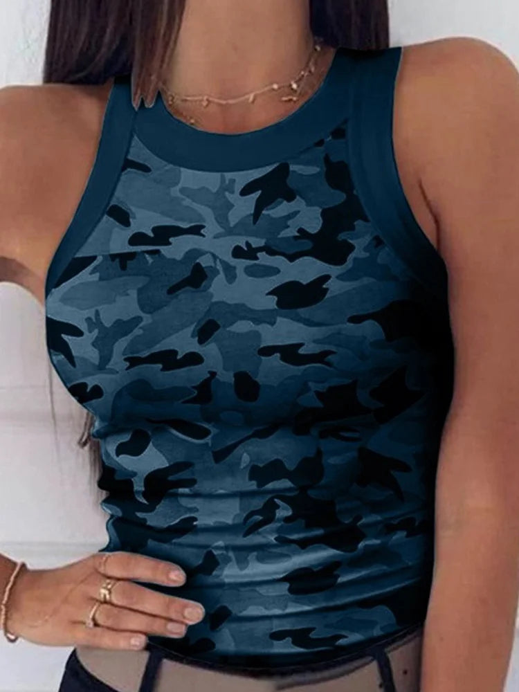 Women Casual Camo Round Neck Ribbed Tank Top Summer Basic Elastic Camisole Sexy Sleeveless Crew Neck Vest Women's Clothing