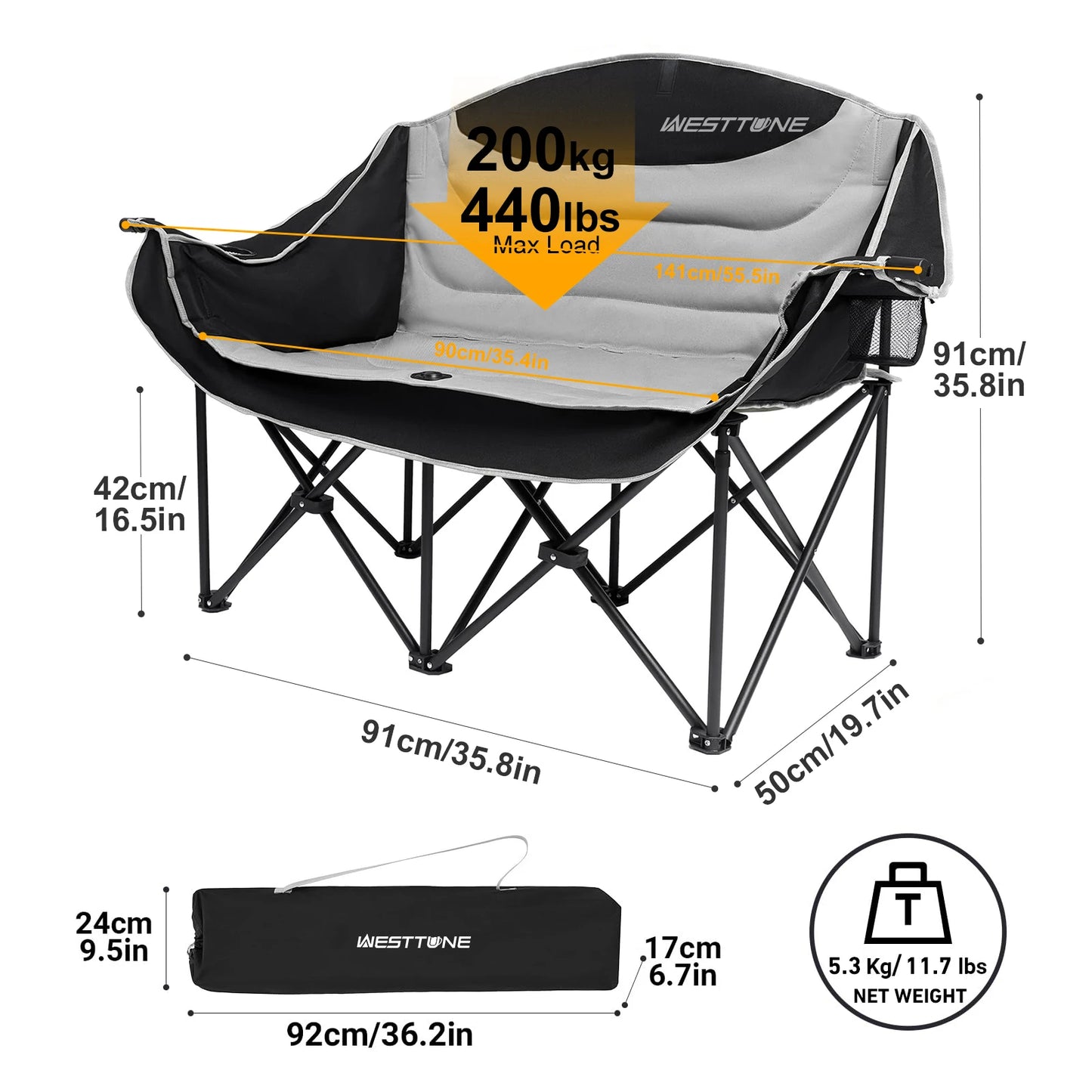 WESTTUNE Double Camping Chair Oversized Loveseat Camping Couch Heavy Duty Outdoor Folding Chair with Cup Holder for Picnic Beach