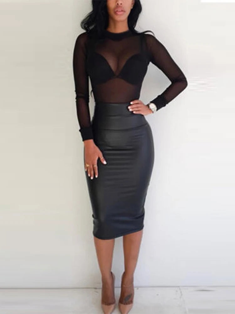Women Sexy T-Shirt See Through Transparent Mesh Tops Long Sleeve Sheer Slim Ladies Turtleneck Tee