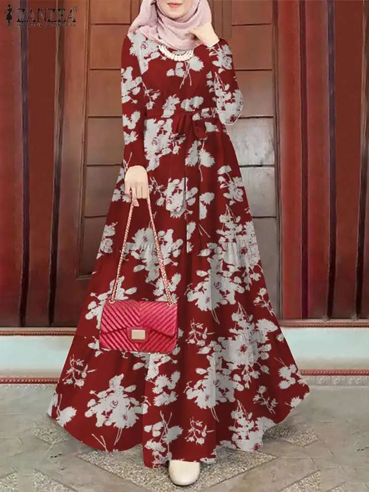 ZANZEA Spring Floral Printed Muslim Dress Long Sleeve Ramadan Turkey Vestidos Vintage Holiday Maxi Robe Kaftan Islamic Abaya