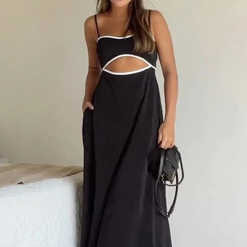 Wefads Maxi Dress Women Summer Casual Patchwork Suspender Sleeveless Hollow Out Backless Lace Up Loose Beach Long Dressses