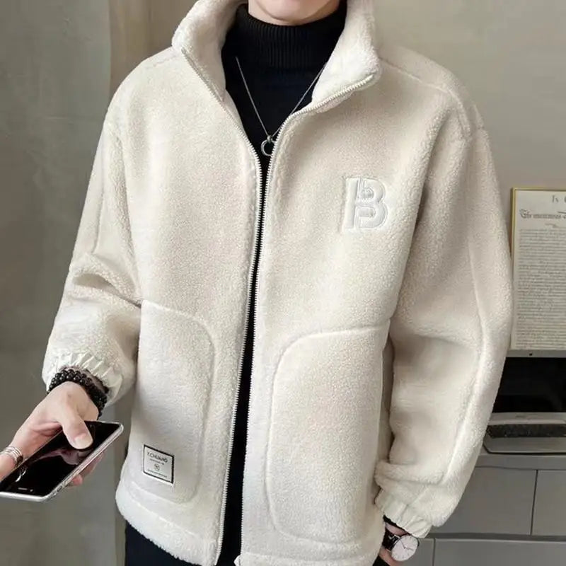 Winter Polar Fleece Male Coat Jacket For Men Solid Color Loose Warm Fashion Streetwear-style Man Luxury Jacket Fleeced Clothing