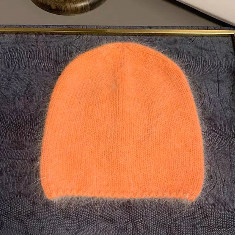 2023 new solid color rabbit fur Winter Hat for woman long hair Warm cap Simple High Quality soft Winter Beanies