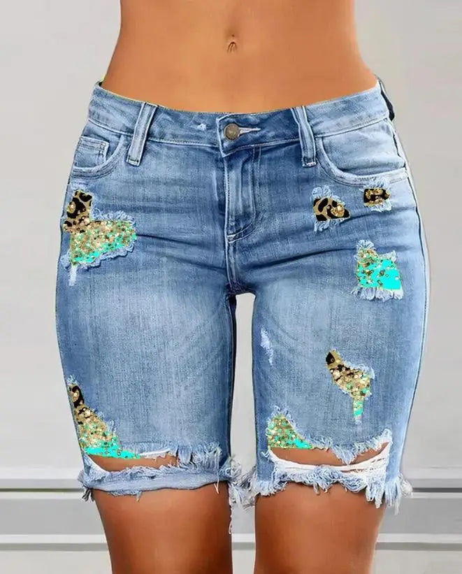 2023 Elegant Summer New Fashion Women's Colorblock Letter Print Ripped 2-In-1 Denim Skinny Shorts Female Casual Bottom