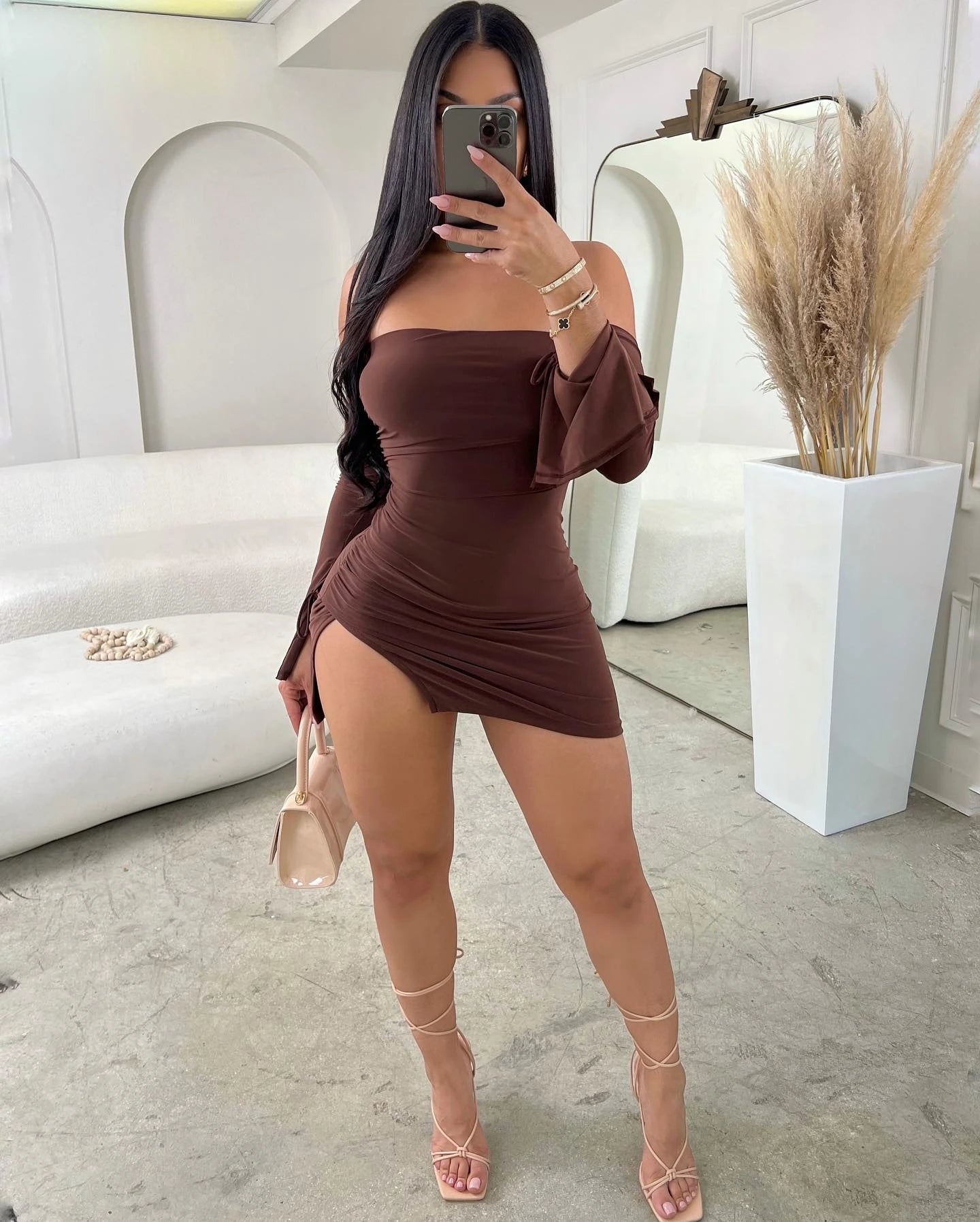 Women Strapless Backless Mini Dress For Women Black Off-shoulder Long Sleeve Bodycon Club Party Dress Clothes