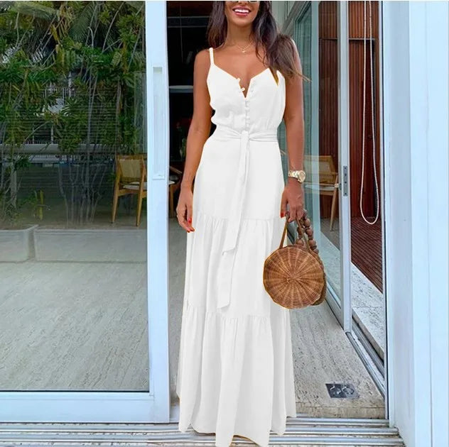 Women Yellow Sling Maxi Dress Sexy V Neck Button Sleeveless Lace Up Ruffles Elegant Green Boho Party Vacation Dresses Vestidos