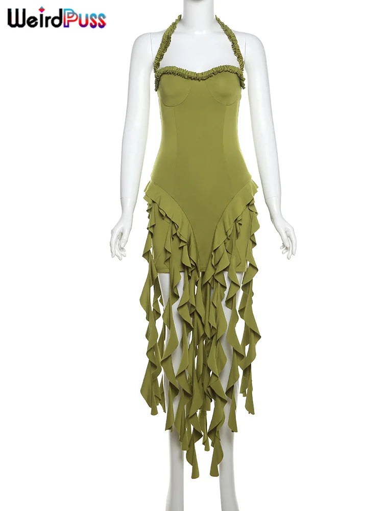 Weird Puss Chic Irregular Tassel Hem Dress Women Backless Halter Party Summer Sexy Birthday Party Split Midnight Club Bodycon