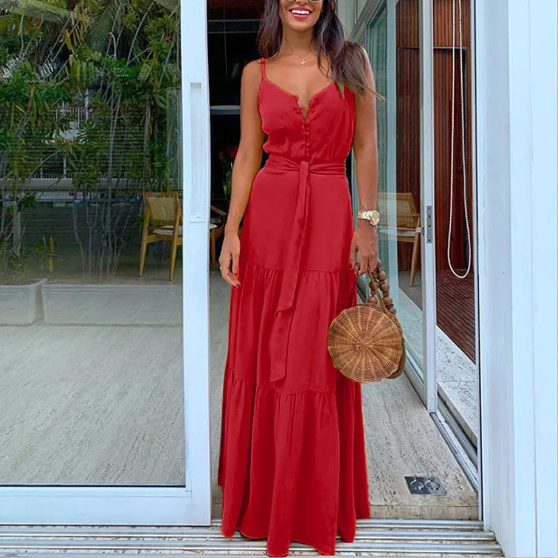 Women Yellow Sling Maxi Dress Sexy V Neck Button Sleeveless Lace Up Ruffles Elegant Green Boho Party Vacation Dresses Vestidos