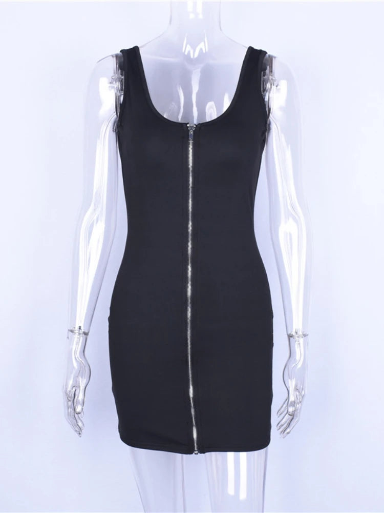 With Zipper Open Back Backless Slim Mini Dress Women Sleeveless Solid Color Skinny Evening Dress Club Party Vestidos