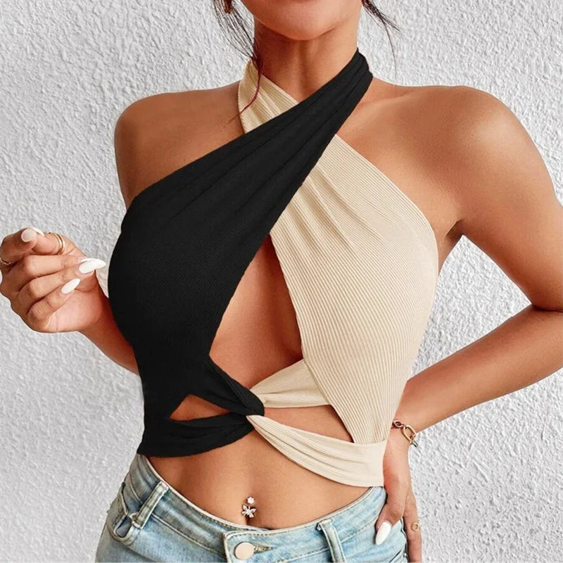 Women Summer Tank Tops Knit Sexy Black White Cross Halter Neck Push Up Hollow Crop Tops High Street Wear 2024 New Fashion