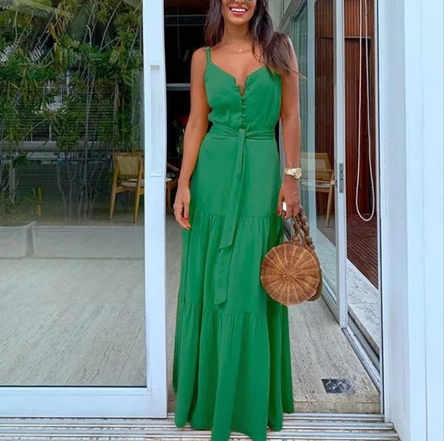 Women Yellow Sling Maxi Dress Sexy V Neck Button Sleeveless Lace Up Ruffles Elegant Green Boho Party Vacation Dresses Vestidos