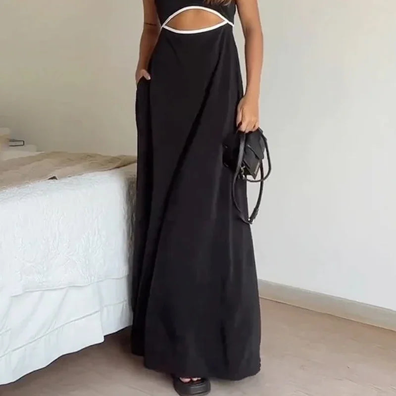 Wefads Maxi Dress Women Summer Casual Patchwork Suspender Sleeveless Hollow Out Backless Lace Up Loose Beach Long Dressses