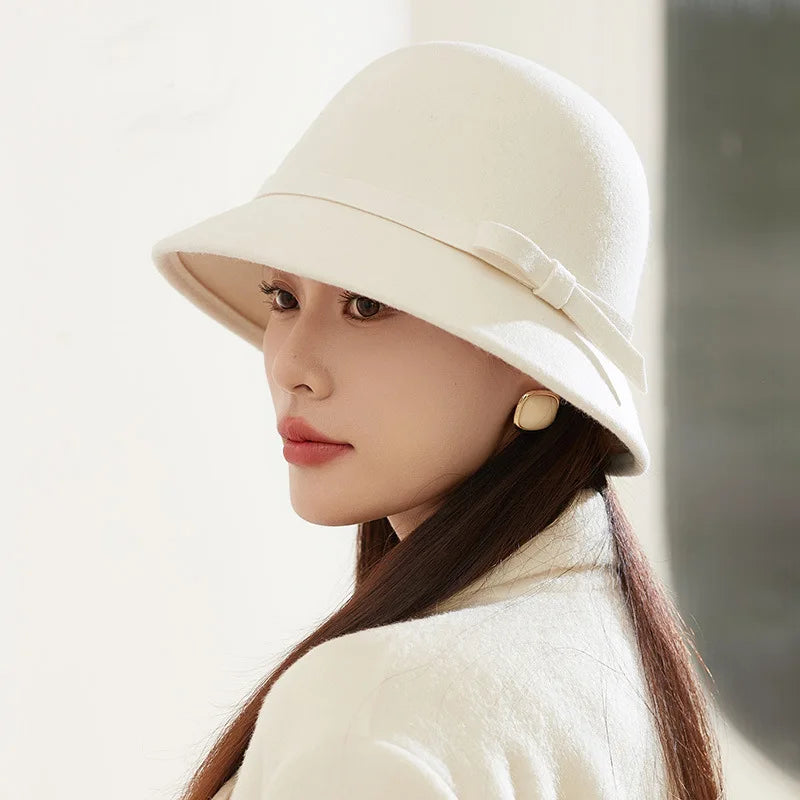 Women's new fall and winter tweed hat Hepburn style elegant temperament warm felt hat fishing cap high-class sense bowler hat