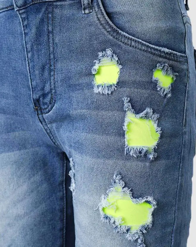 2023 Elegant Summer New Fashion Women's Colorblock Letter Print Ripped 2-In-1 Denim Skinny Shorts Female Casual Bottom