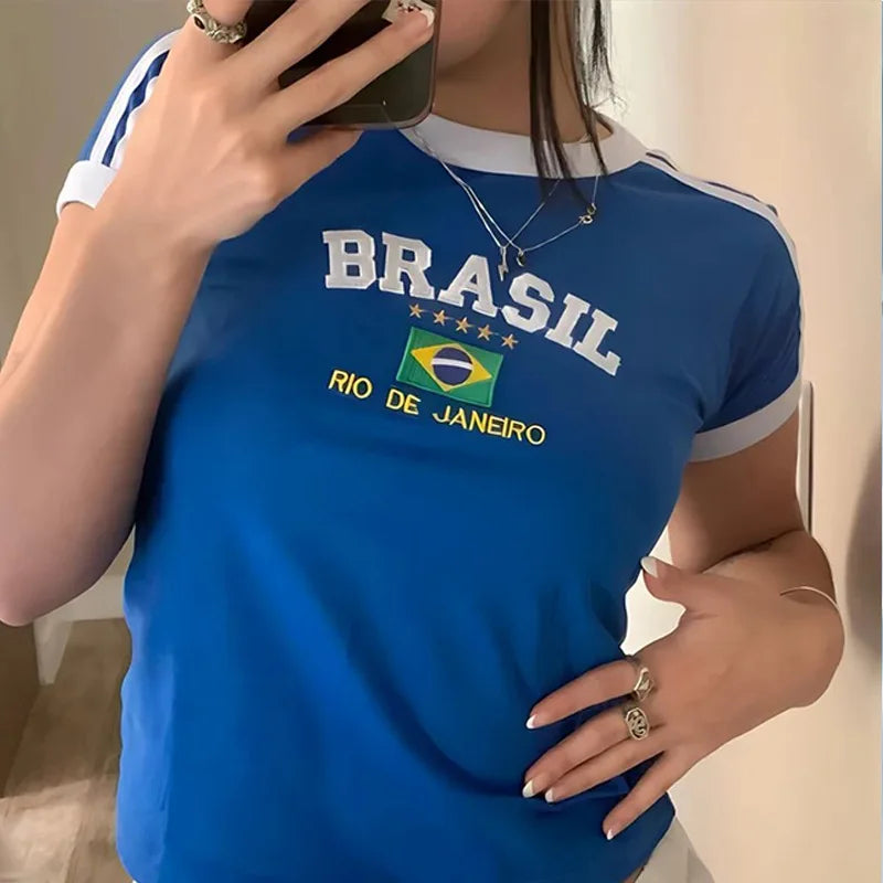 Womens Aesthetic BRASIL Letter Print T-Shirt and Shorts Suit, Vintage Grunge Short Sleeve Baby Tees, Summer Crop Top Y2k Clothe