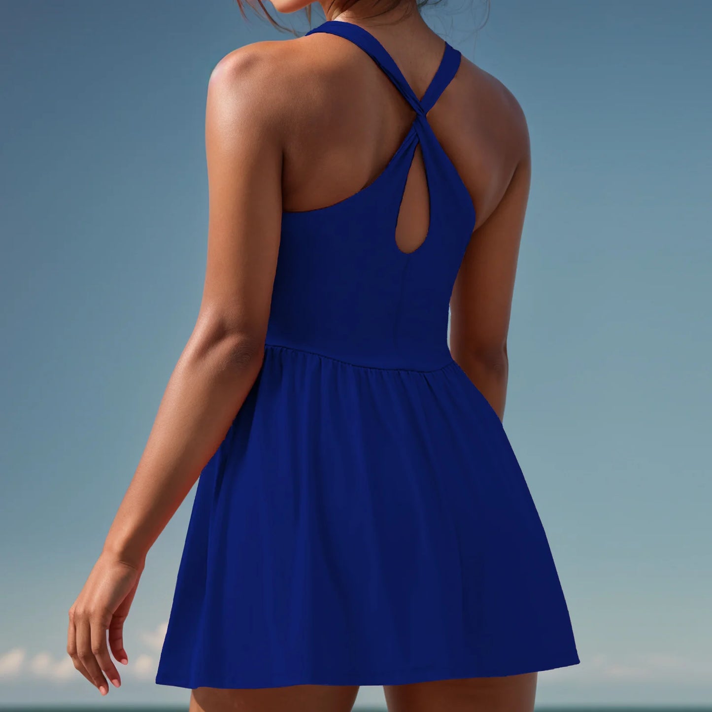 Women Solid Running Workout Rompers Dress Gym Yoga Clothes Athletic Built In Shorts Sleeveless Cross Backless Tennis Playsuits
