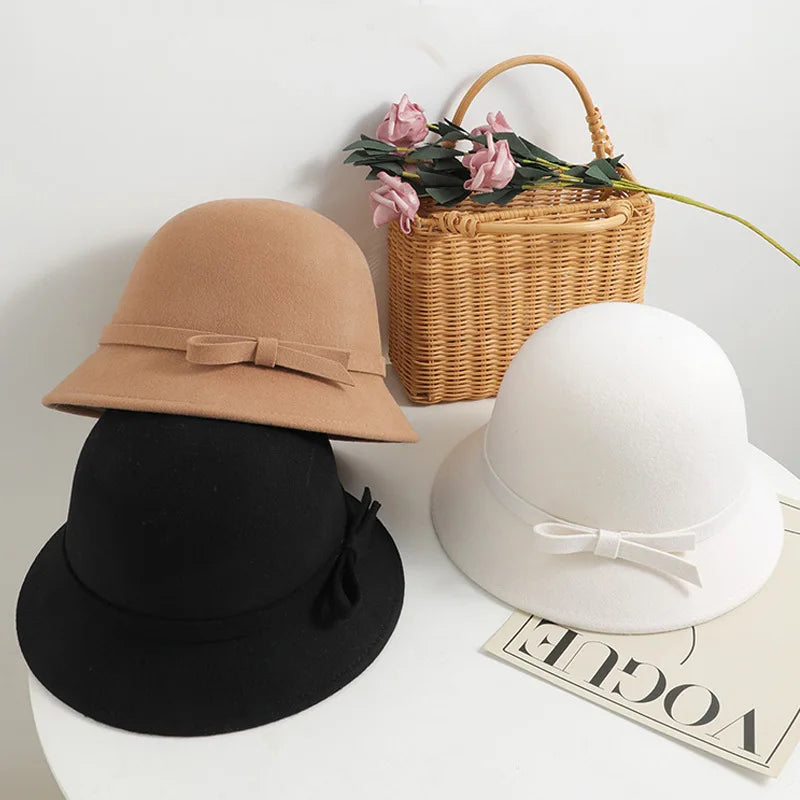 Women's new fall and winter tweed hat Hepburn style elegant temperament warm felt hat fishing cap high-class sense bowler hat