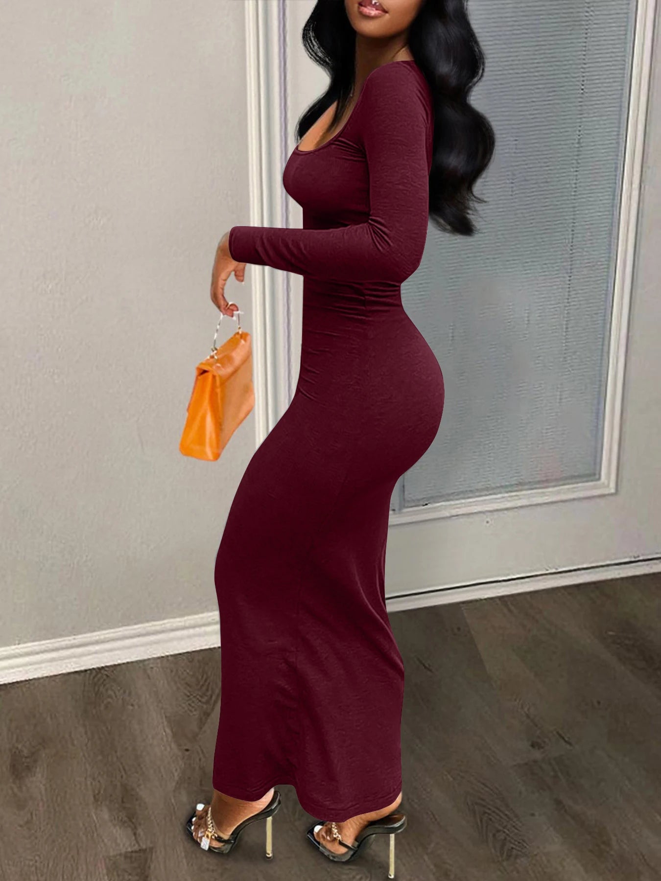 Women's Sexy Plain U Neck Longsleeves Bodycon Dress, Minimalist Basic Solid Tight Sleeve Casual Long Dress, Womenswear
