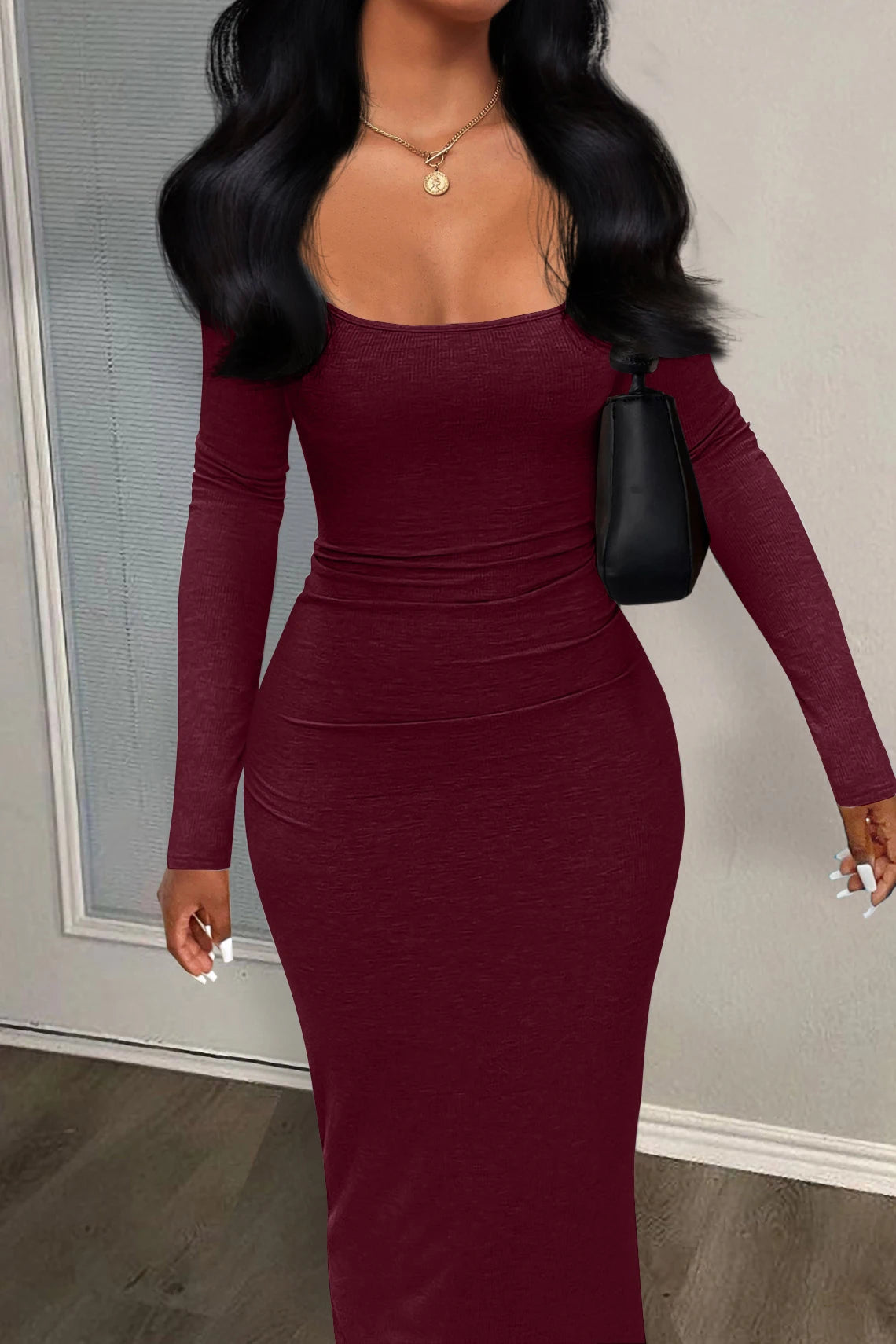 Women's Sexy Plain U Neck Longsleeves Bodycon Dress, Minimalist Basic Solid Tight Sleeve Casual Long Dress, Womenswear