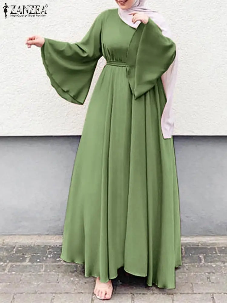 ZANZEA Women Muslim Maxi Dress Solid Color O-Neck Long Sleeve Turkish Abaya Robe Fashion Casual Elegant Party Oversized Vestidos