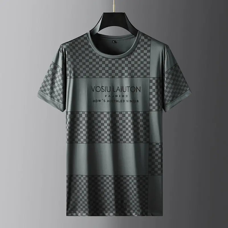 Trend Luxury Versatile Summer Men's Ice Silk O-Neck Printing Lattice Diamonds Fashion Casual Loose Short Sleeve T-Shirts Tops