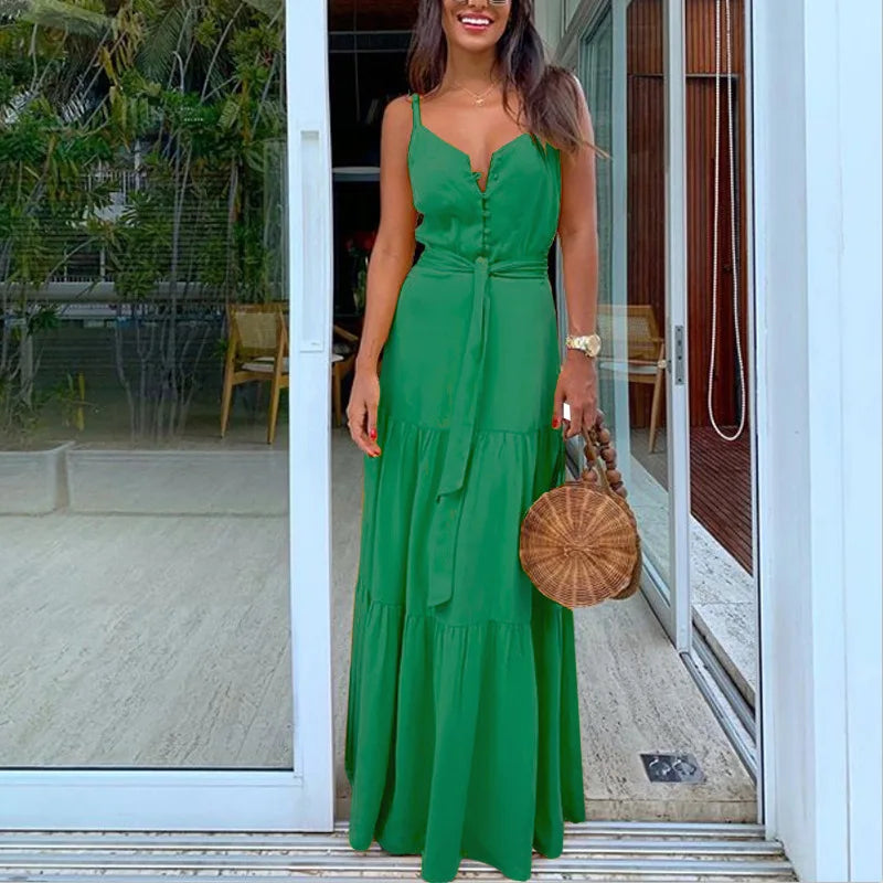 Women Yellow Sling Maxi Dress Sexy V Neck Button Sleeveless Lace Up Ruffles Elegant Green Boho Party Vacation Dresses Vestidos