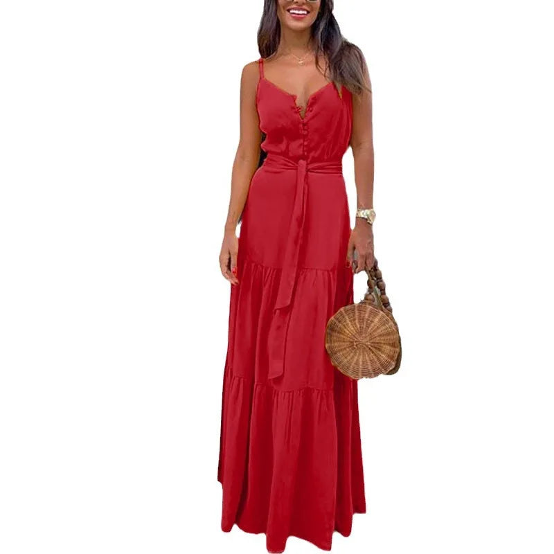 Women Yellow Sling Maxi Dress Sexy V Neck Button Sleeveless Lace Up Ruffles Elegant Green Boho Party Vacation Dresses Vestidos