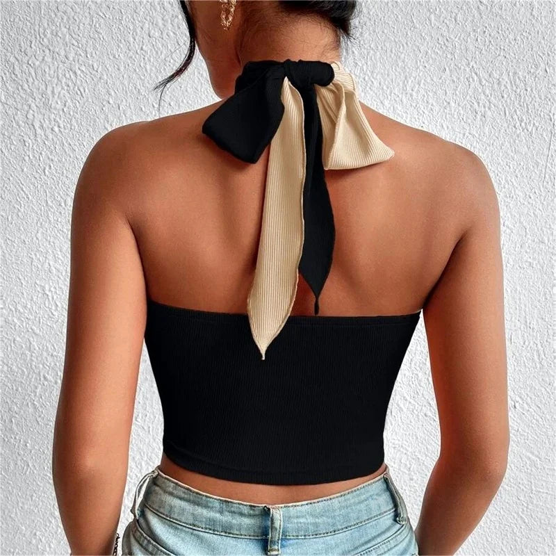 Women Summer Tank Tops Knit Sexy Black White Cross Halter Neck Push Up Hollow Crop Tops High Street Wear 2024 New Fashion