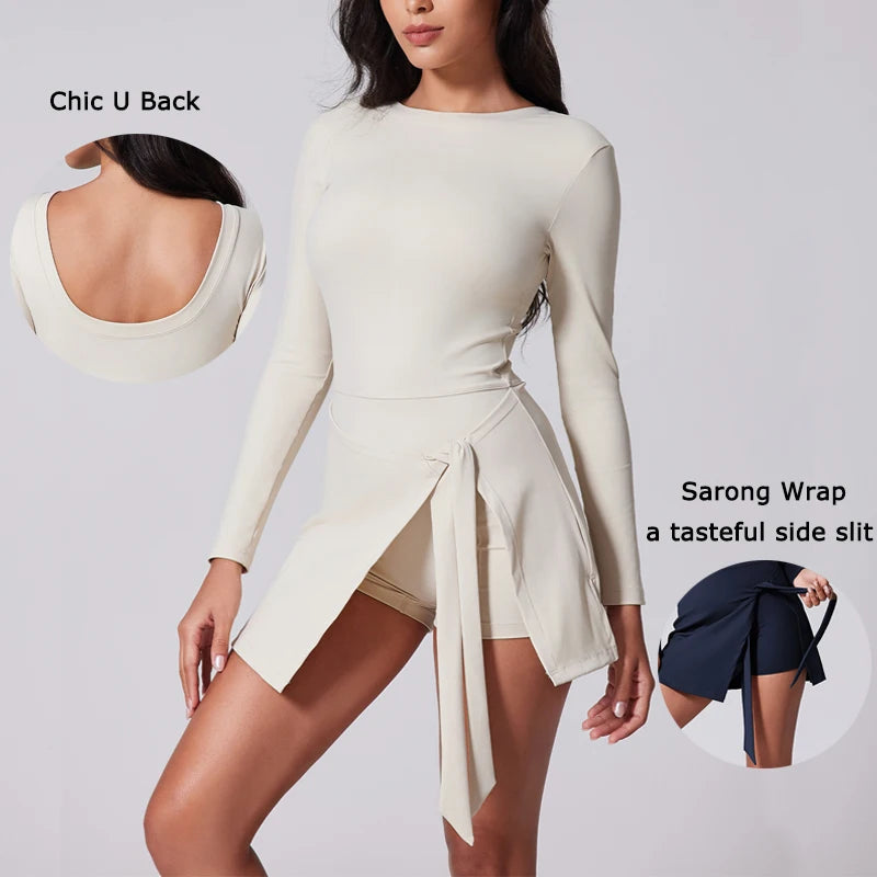 VITALINOVO Womens High Neck Tennis Dress Long Sleeve Sarong Wrap Skirt Built in Shorts Golf Athletic Dress Workout Rompers