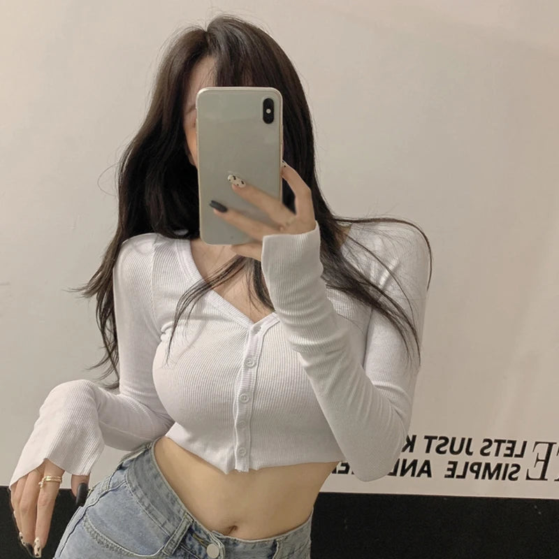 Women T-Shirts Long Sleeve Stretchy V-Neck All-Match Ladies Crop Tops Streetwear Korean Style