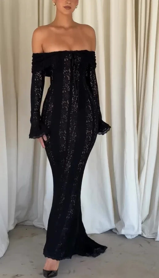 White Off Shoulder Lace Up Flare Long Sleeve Slim Maxi Dress Women Hollow Out Mermaid Floor Length Vestidos Female Elegant Robe