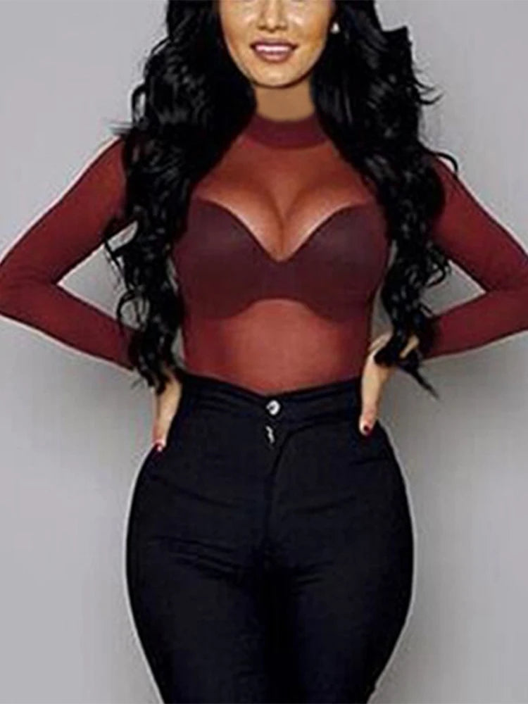 Women Sexy T-Shirt See Through Transparent Mesh Tops Long Sleeve Sheer Slim Ladies Turtleneck Tee