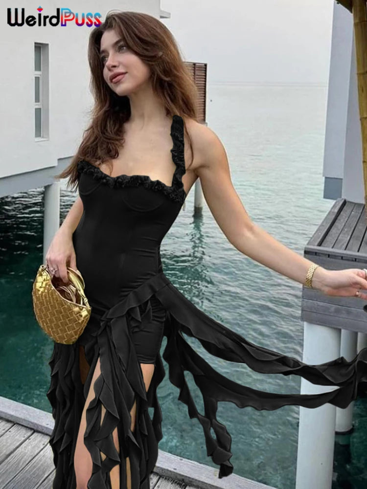 Weird Puss Chic Irregular Tassel Hem Dress Women Backless Halter Party Summer Sexy Birthday Party Split Midnight Club Bodycon