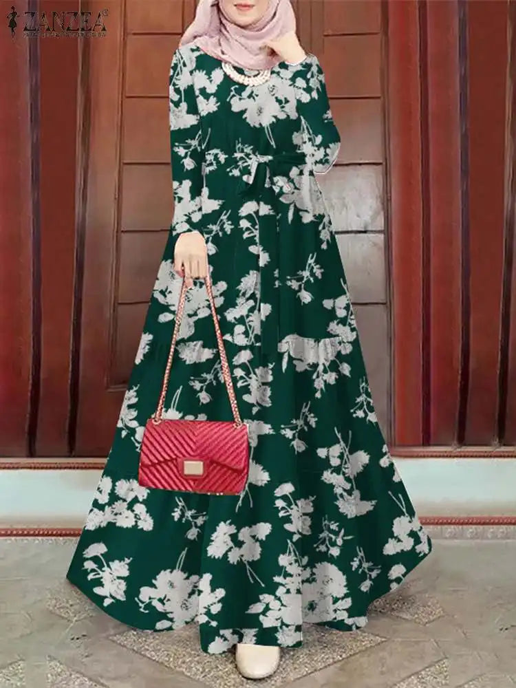ZANZEA Spring Floral Printed Muslim Dress Long Sleeve Ramadan Turkey Vestidos Vintage Holiday Maxi Robe Kaftan Islamic Abaya