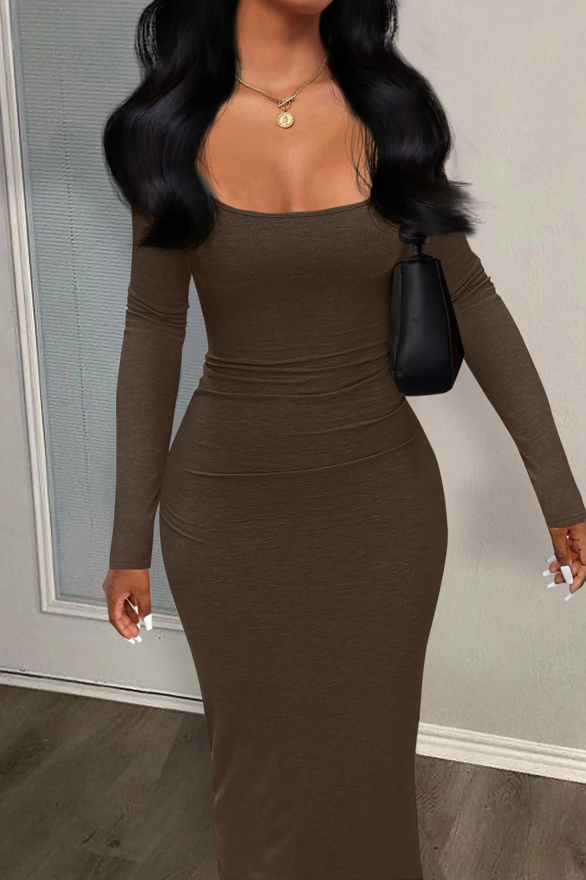 Women's Sexy Plain U Neck Longsleeves Bodycon Dress, Minimalist Basic Solid Tight Sleeve Casual Long Dress, Womenswear