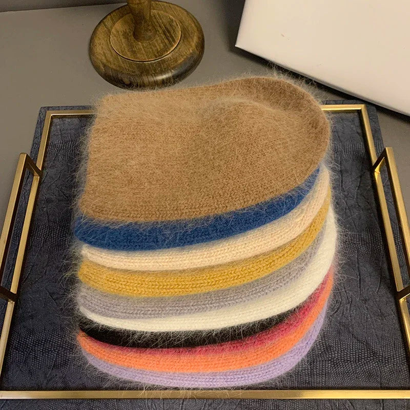 2023 new solid color rabbit fur Winter Hat for woman long hair Warm cap Simple High Quality soft Winter Beanies