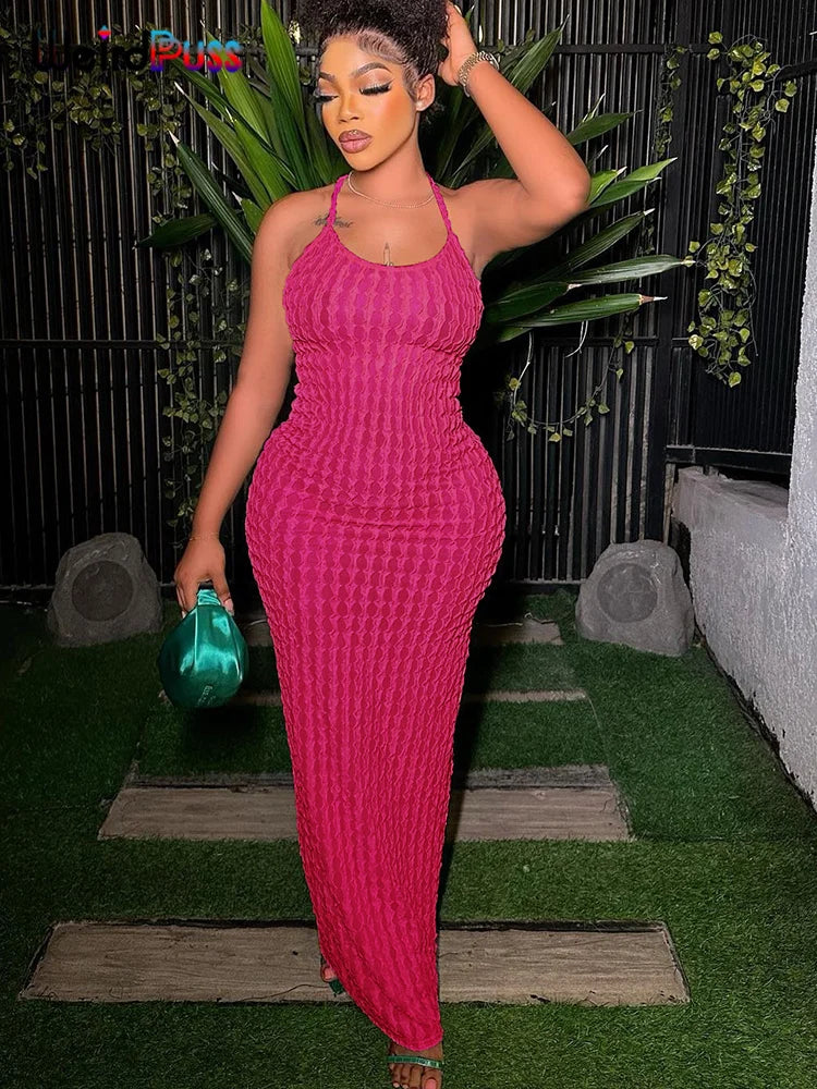 Weird Puss Cross Bandage Women Maxi Dress Backless Sleeveless O Neck Sexy Elegant Skinny Solid Wedding Party Bodycon Vestidos