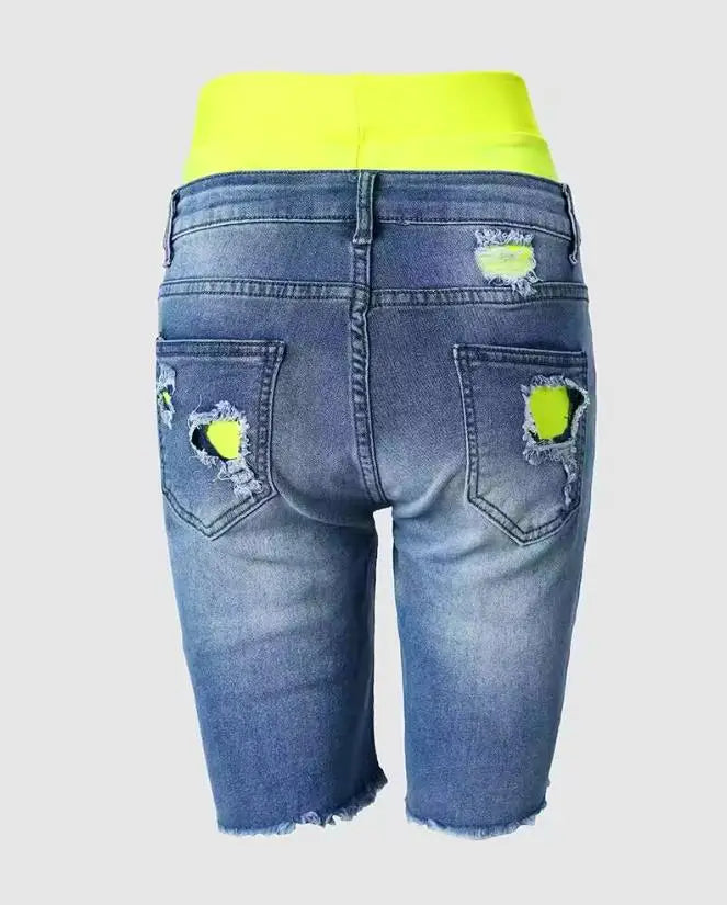 2023 Elegant Summer New Fashion Women's Colorblock Letter Print Ripped 2-In-1 Denim Skinny Shorts Female Casual Bottom