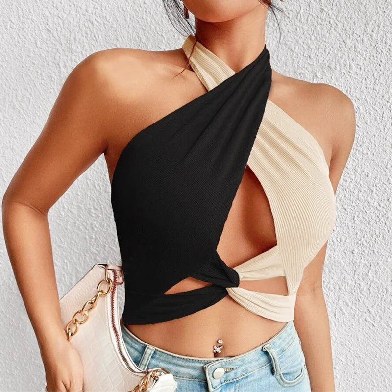 Women Summer Tank Tops Knit Sexy Black White Cross Halter Neck Push Up Hollow Crop Tops High Street Wear 2024 New Fashion