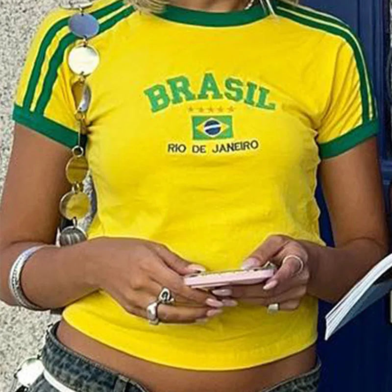 Womens Aesthetic BRASIL Letter Print T-Shirt and Shorts Suit, Vintage Grunge Short Sleeve Baby Tees, Summer Crop Top Y2k Clothe