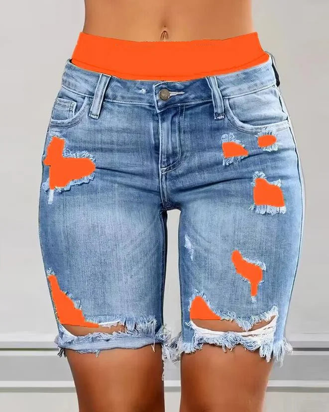 2023 Elegant Summer New Fashion Women's Colorblock Letter Print Ripped 2-In-1 Denim Skinny Shorts Female Casual Bottom