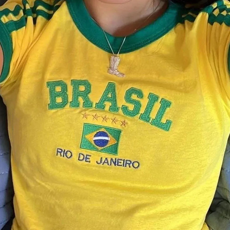 Womens Aesthetic BRASIL Letter Print T-Shirt and Shorts Suit, Vintage Grunge Short Sleeve Baby Tees, Summer Crop Top Y2k Clothe