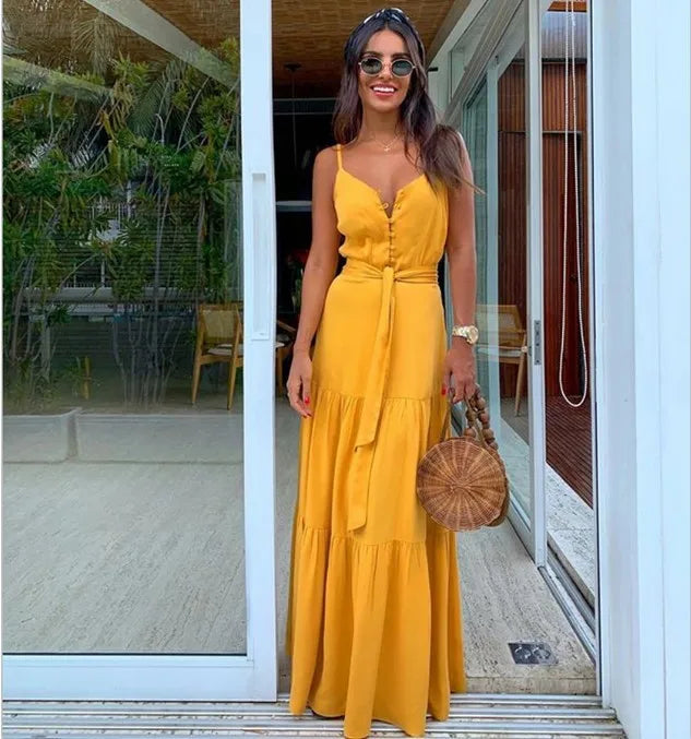 Women Yellow Sling Maxi Dress Sexy V Neck Button Sleeveless Lace Up Ruffles Elegant Green Boho Party Vacation Dresses Vestidos