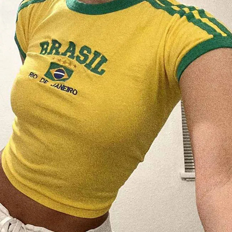 Womens Aesthetic BRASIL Letter Print T-Shirt and Shorts Suit, Vintage Grunge Short Sleeve Baby Tees, Summer Crop Top Y2k Clothe