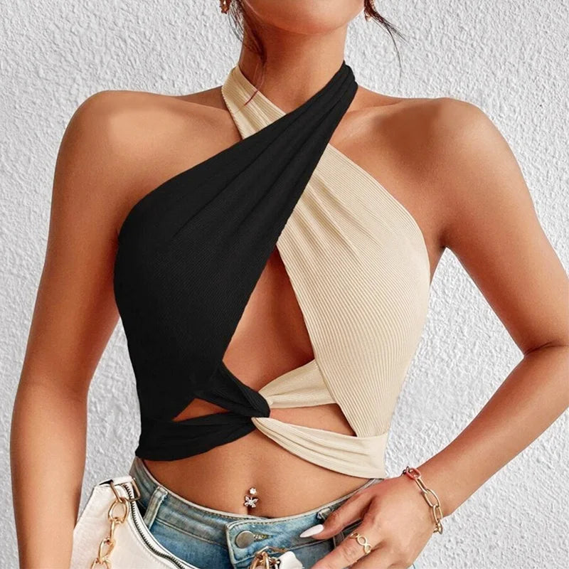 Women Summer Tank Tops Knit Sexy Black White Cross Halter Neck Push Up Hollow Crop Tops High Street Wear 2024 New Fashion