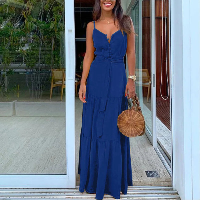 Women Yellow Sling Maxi Dress Sexy V Neck Button Sleeveless Lace Up Ruffles Elegant Green Boho Party Vacation Dresses Vestidos