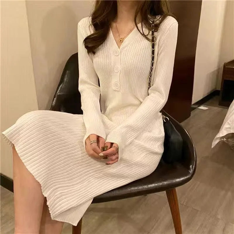 Winter Slim Women Long Dress V Neck Sexy High Waist Knitted Long Sleeve Solid Color Outwear Sexy Women Dress Fashion