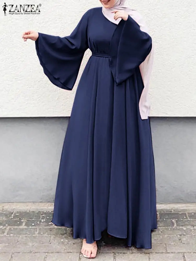 ZANZEA Women Muslim Maxi Dress Solid Color O-Neck Long Sleeve Turkish Abaya Robe Fashion Casual Elegant Party Oversized Vestidos