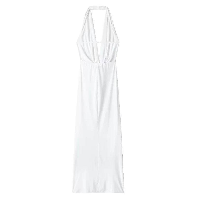 Willshela Women Fashion Solid Pleated Backless Lace Up Midi Dress Vintage Halter V-Neck Female Chic Lady Dresses